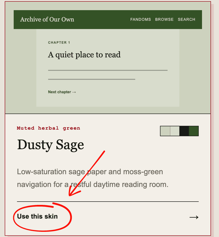 The Use this skin button on a Dusty Sage skin card
