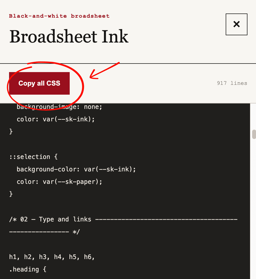 The Copy all CSS button in the Dusty Sage code panel