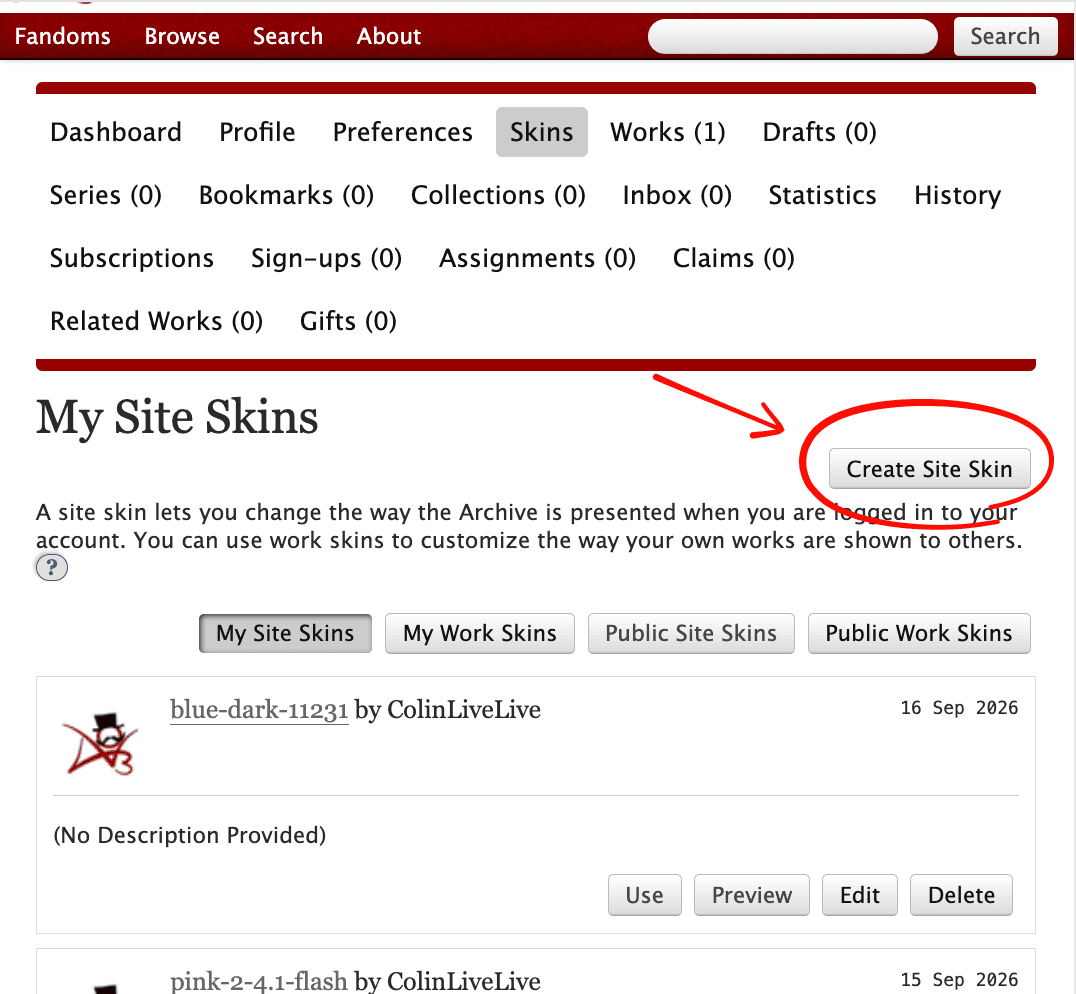 AO3 My Site Skins page with the Create Site Skin button highlighted