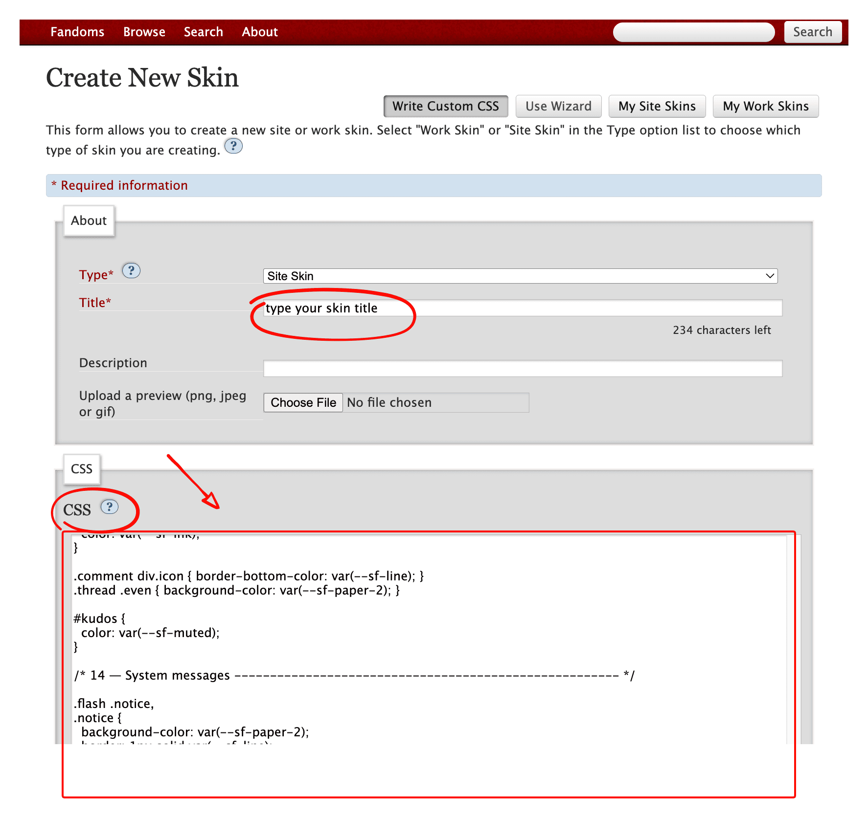 AO3 Create New Skin form showing the Site Skin type, title field, and CSS editor