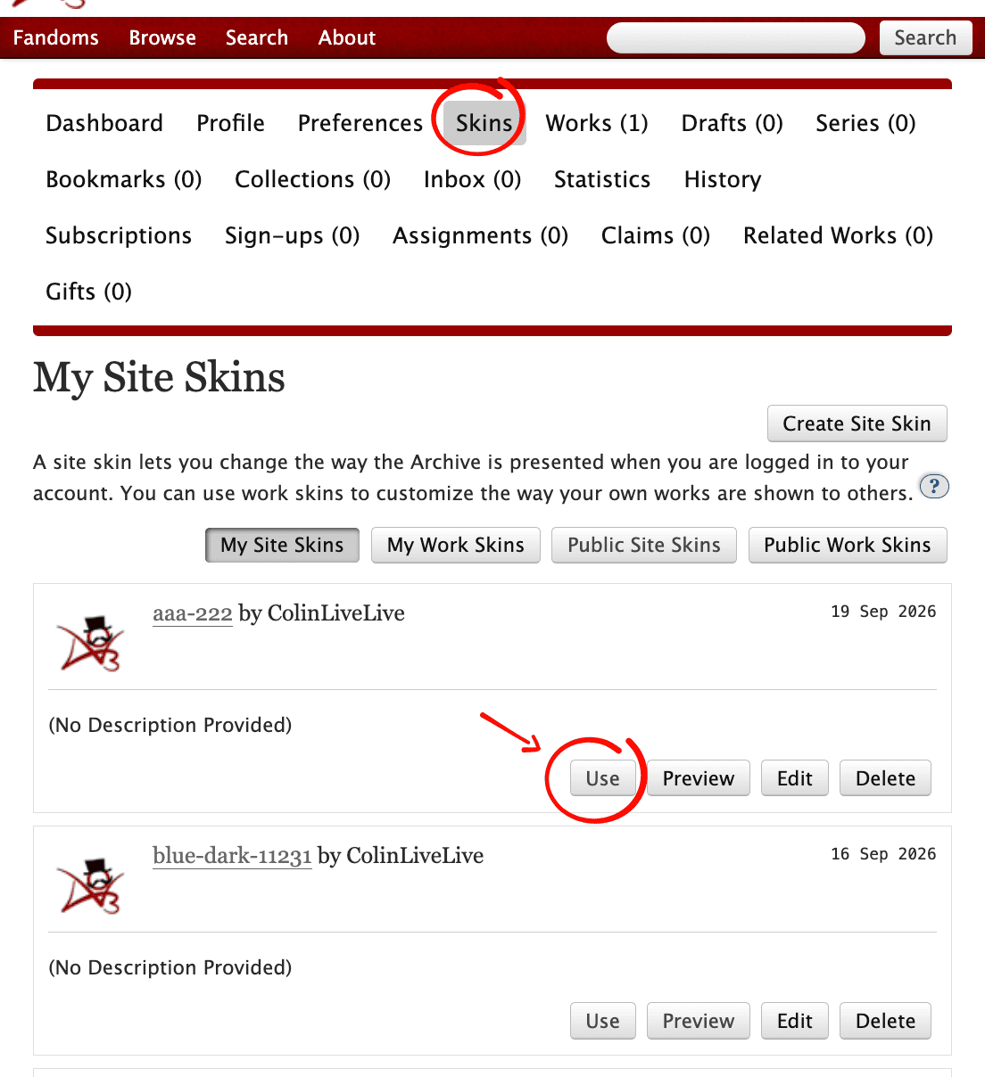 AO3 My Site Skins page with the Use button highlighted on a saved skin